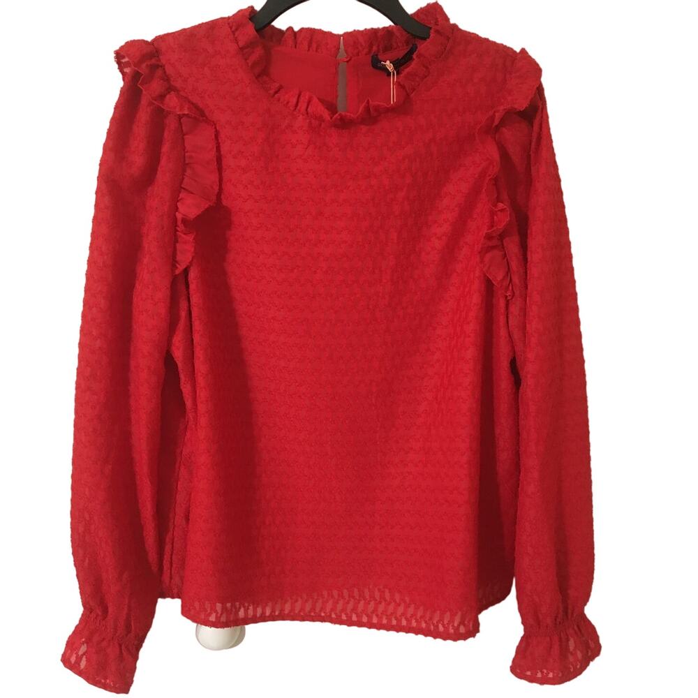 NWT Skies Are Blue Large Red Lined Top Ruffle Neck Sleeves Shoulder & Arm Seam